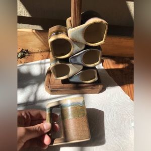 Rodolfo Padilla Pottery Drip Glaze Espresso Mugs 6 with rack